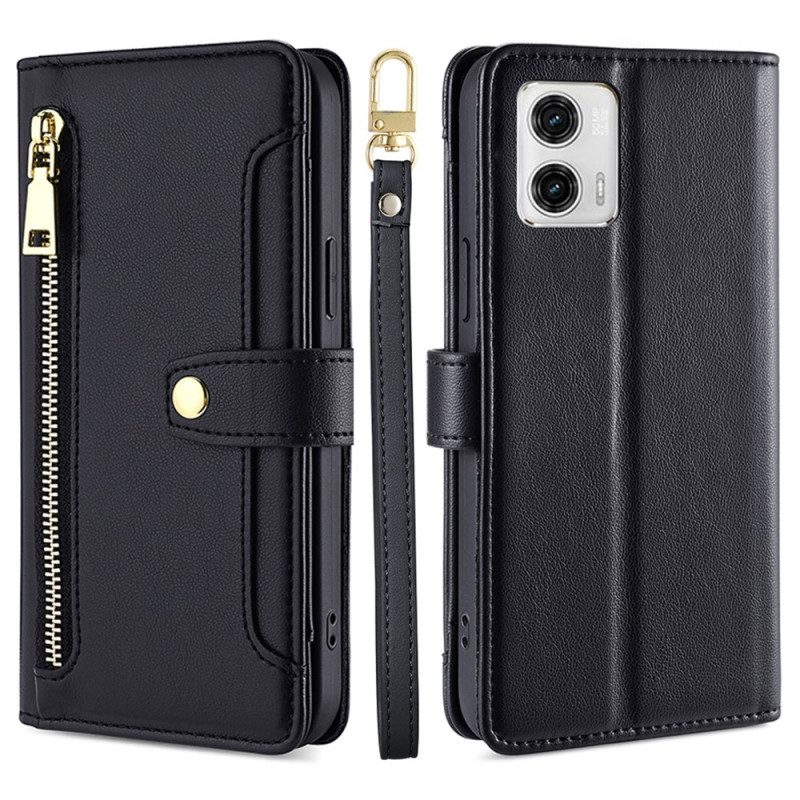 Leren Hoesje voor Moto G73 5G Portemonnee Met Schouderriem En Lanyard