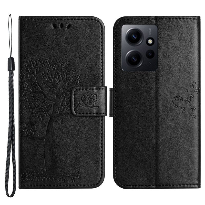 Folio-hoesje voor Xiaomi Redmi Note 12 4G Met Ketting Boom En Strappy Cat