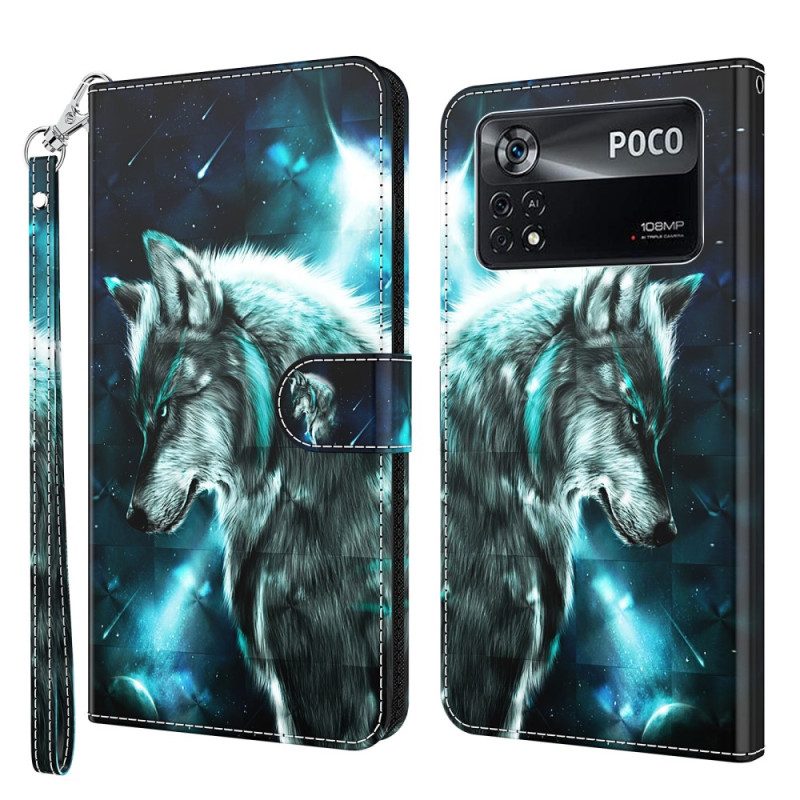 Folio-hoesje voor Poco X4 Pro 5G Met Ketting Lanyard Wolf