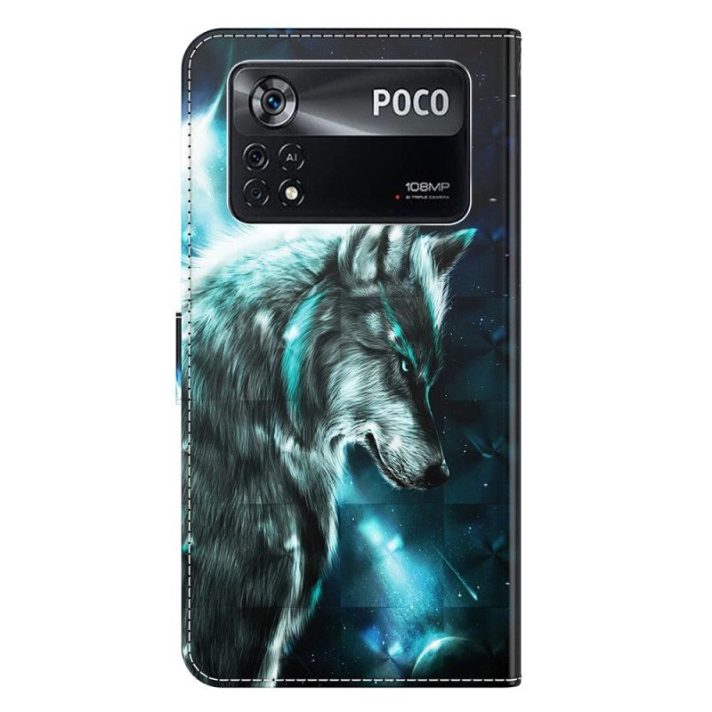 Folio-hoesje voor Poco X4 Pro 5G Met Ketting Lanyard Wolf