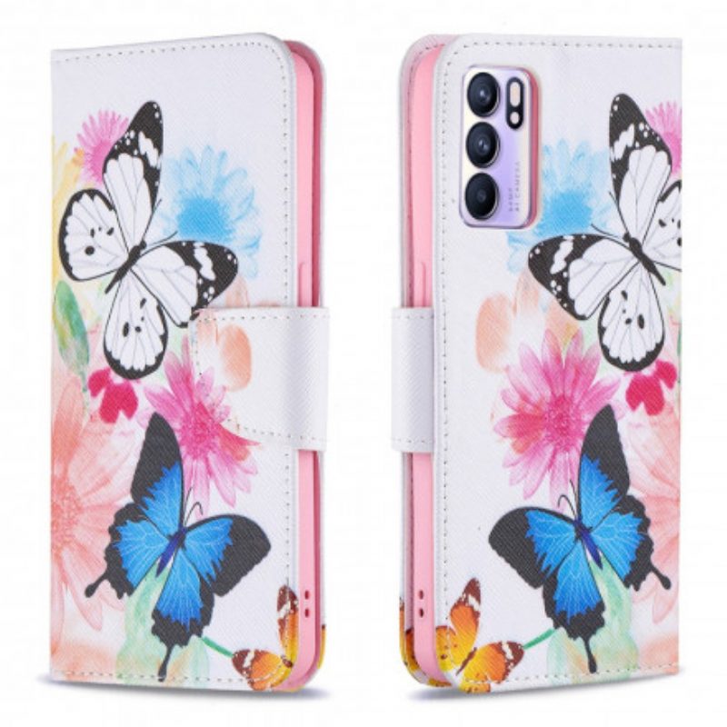 Folio-hoesje voor Oppo Reno 6 5G Geschilderde Vlinders En Bloemen