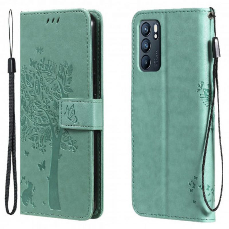 Folio-hoesje voor Oppo Reno 6 5G Met Ketting Boom En Strappy Cat