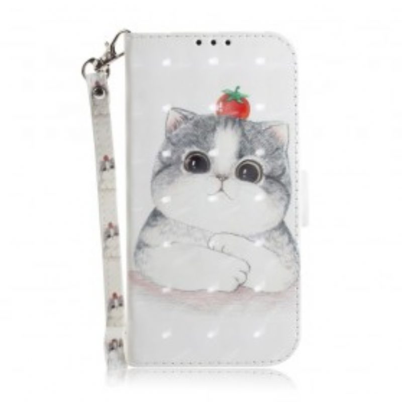 Folio-hoesje voor Samsung Galaxy A20e Met Ketting Tomaat Op De Kat Met Een Riempje