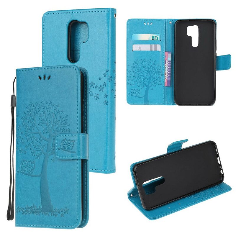 Folio-hoesje voor Xiaomi Redmi 9 Met Ketting String Boom En Uilen