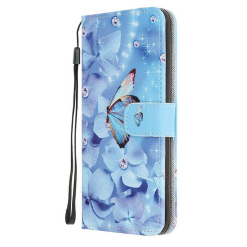 Leren Hoesje voor iPhone 12 Mini Met Ketting Strappy Diamanten Vlinders