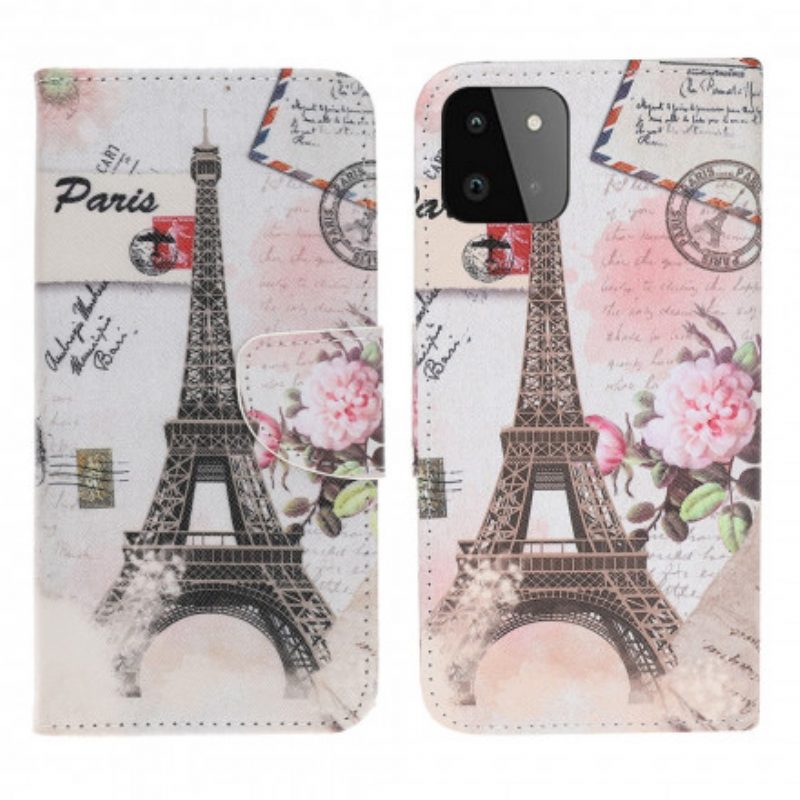 Leren Hoesje voor Samsung Galaxy A22 5G Retro Eiffeltoren