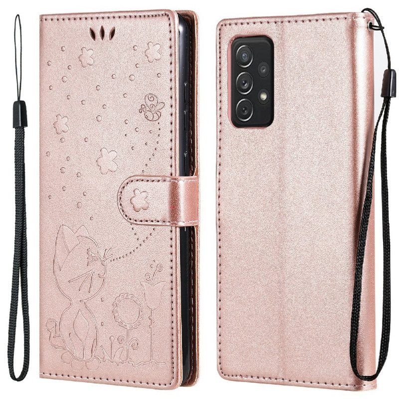 Folio-hoesje voor Samsung Galaxy A72 4G / A72 5G Met Ketting Kat En Bij Met Lanyard