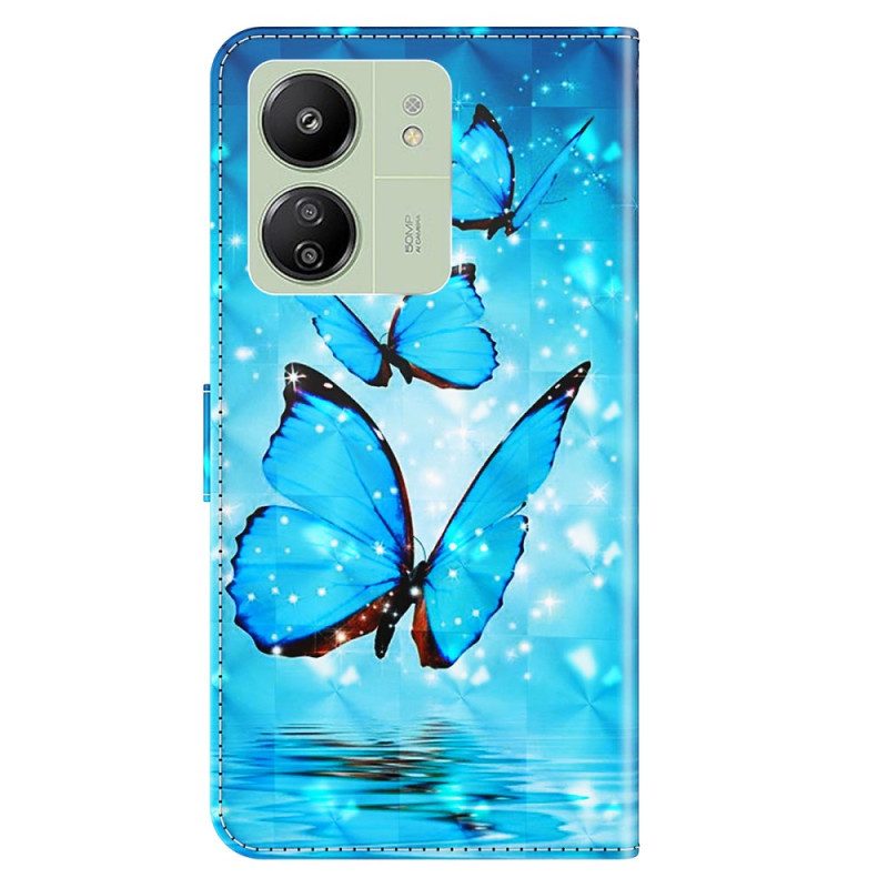Folio-hoesje Poco C65 Telefoonhoesje Blauwe Vlinders Met Riem