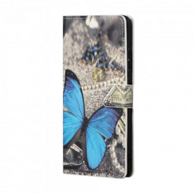 Folio-hoesje voor Xiaomi Redmi 10 Met Ketting Blauwe Vlinder Met Riem