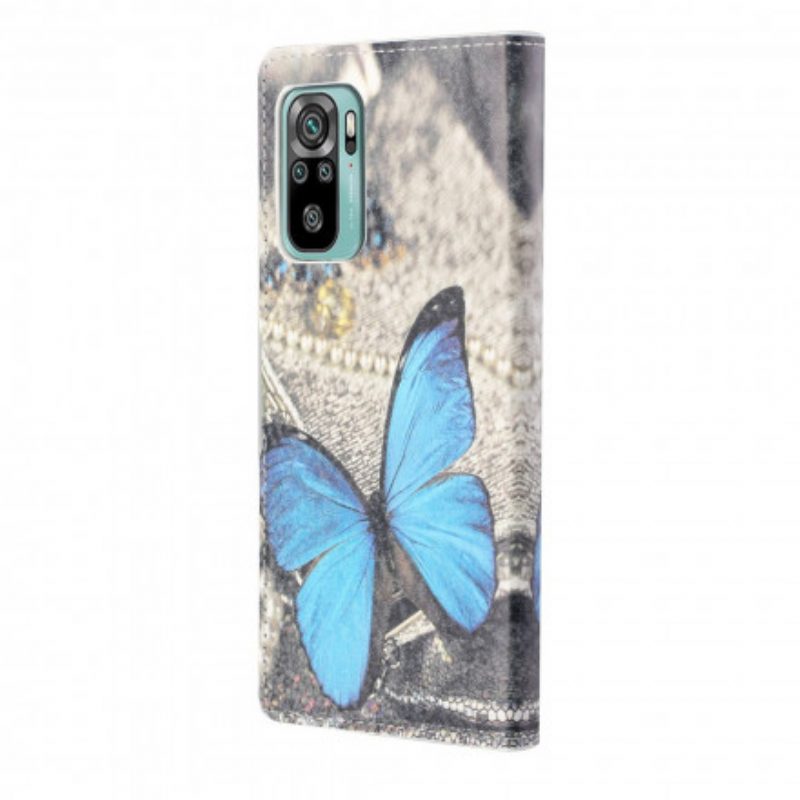 Folio-hoesje voor Xiaomi Redmi 10 Met Ketting Blauwe Vlinder Met Riem