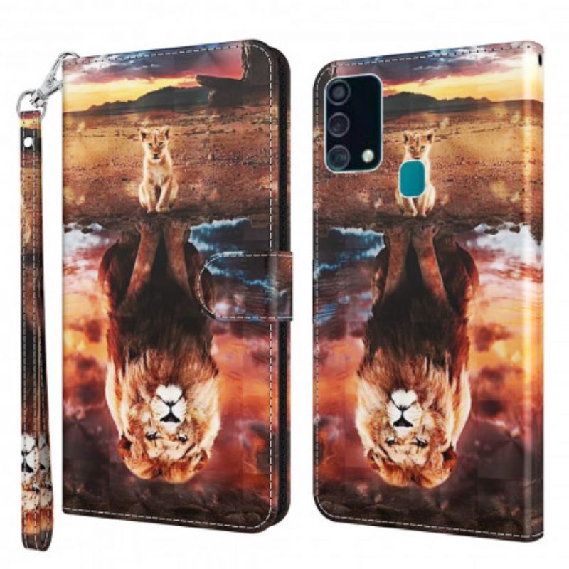 Folio-hoesje voor Samsung Galaxy A32 5G Lichtvlek Leeuw Met Lanyard