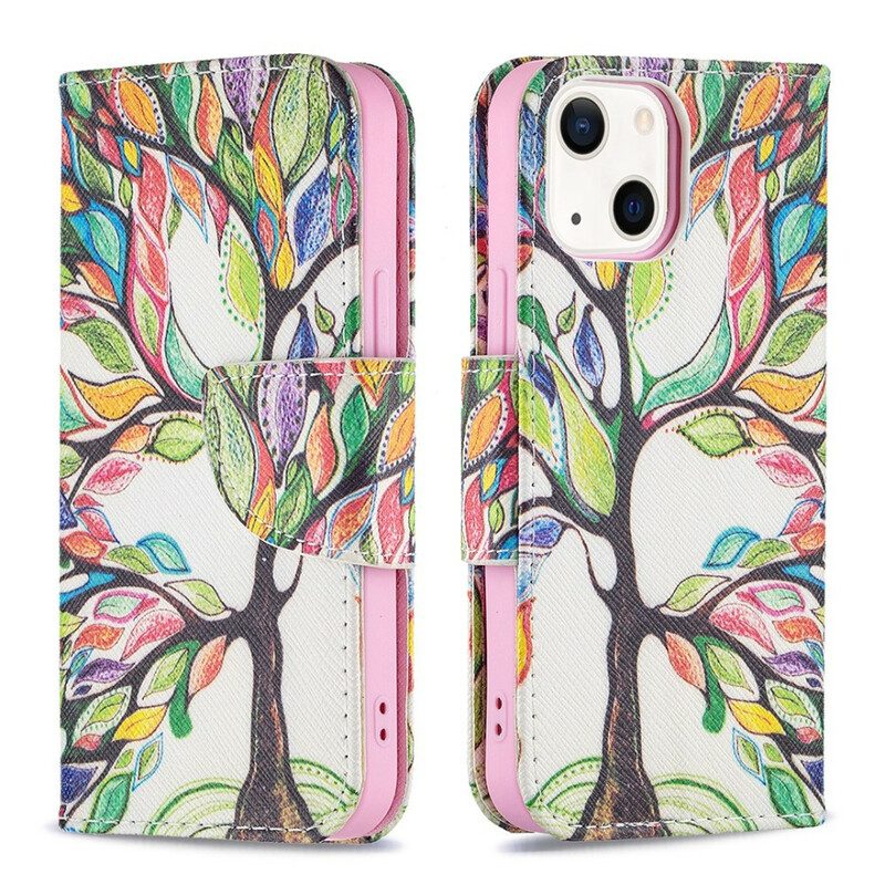 Leren Hoesje voor iPhone 13 Mini Kleurrijke Boom