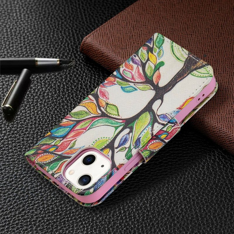 Leren Hoesje voor iPhone 13 Mini Kleurrijke Boom