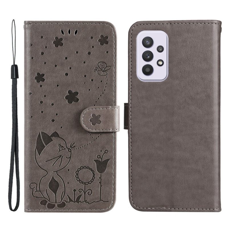 Folio-hoesje voor Samsung Galaxy A33 5G Met Ketting Strappy Kat En Bijen