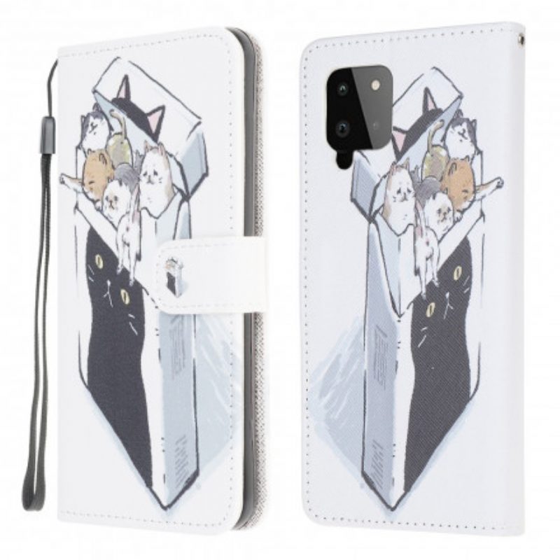 Leren Hoesje voor Samsung Galaxy A22 Met Ketting Levering Katten Met Strings