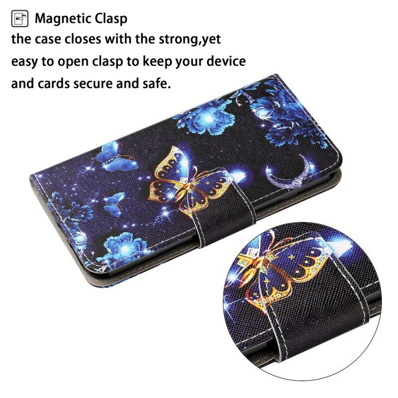 Folio-hoesje voor Samsung Galaxy S21 FE Met Ketting Kostbare Stringvlinders