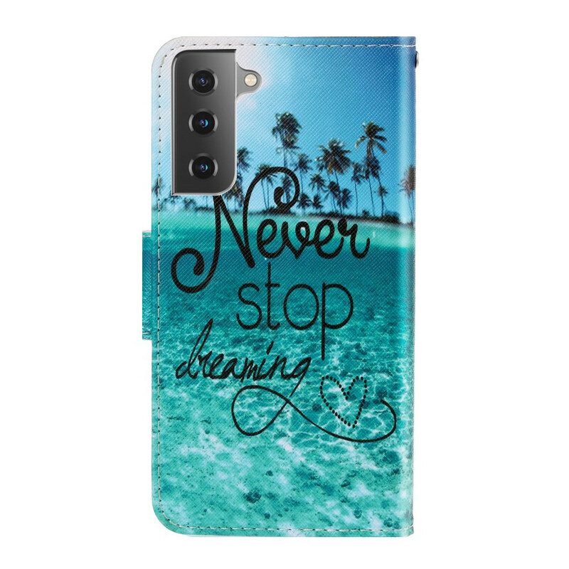Folio-hoesje voor Samsung Galaxy S21 FE Met Ketting Stop Nooit Met Dromen In Marineblauwe Bandjes
