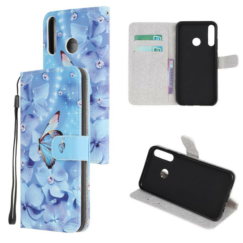 Folio-hoesje voor Huawei Y7p Met Ketting Strappy Diamanten Vlinders