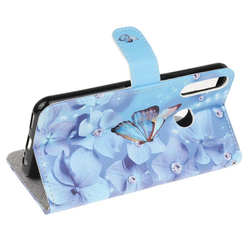 Folio-hoesje voor Huawei Y7p Met Ketting Strappy Diamanten Vlinders