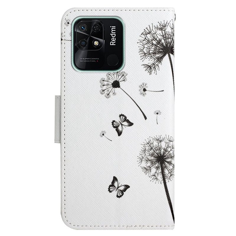 Folio-hoesje voor Xiaomi Redmi 10C Met Ketting Lanyard Liefde Paardebloemen