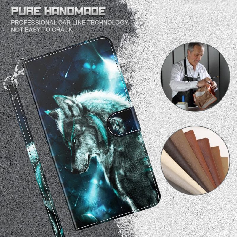 Folio-hoesje voor Xiaomi Redmi 10C Met Ketting Lanyard Wolf