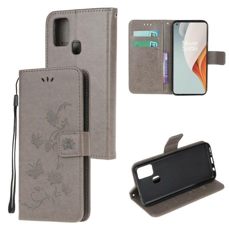 Leren Hoesje voor OnePlus Nord N100 Met Ketting String Vlinders En Bloemen