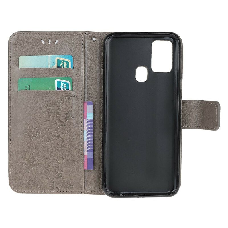 Leren Hoesje voor OnePlus Nord N100 Met Ketting String Vlinders En Bloemen
