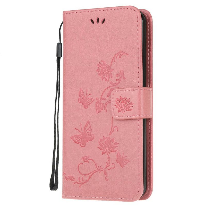 Leren Hoesje voor OnePlus Nord N100 Met Ketting String Vlinders En Bloemen