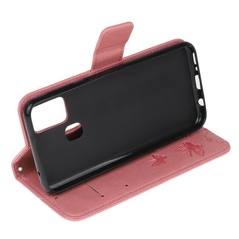 Leren Hoesje voor OnePlus Nord N100 Met Ketting String Vlinders En Bloemen