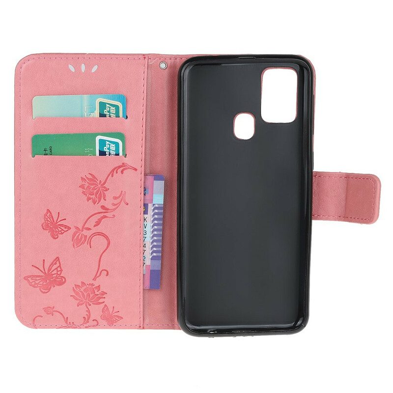 Leren Hoesje voor OnePlus Nord N100 Met Ketting String Vlinders En Bloemen