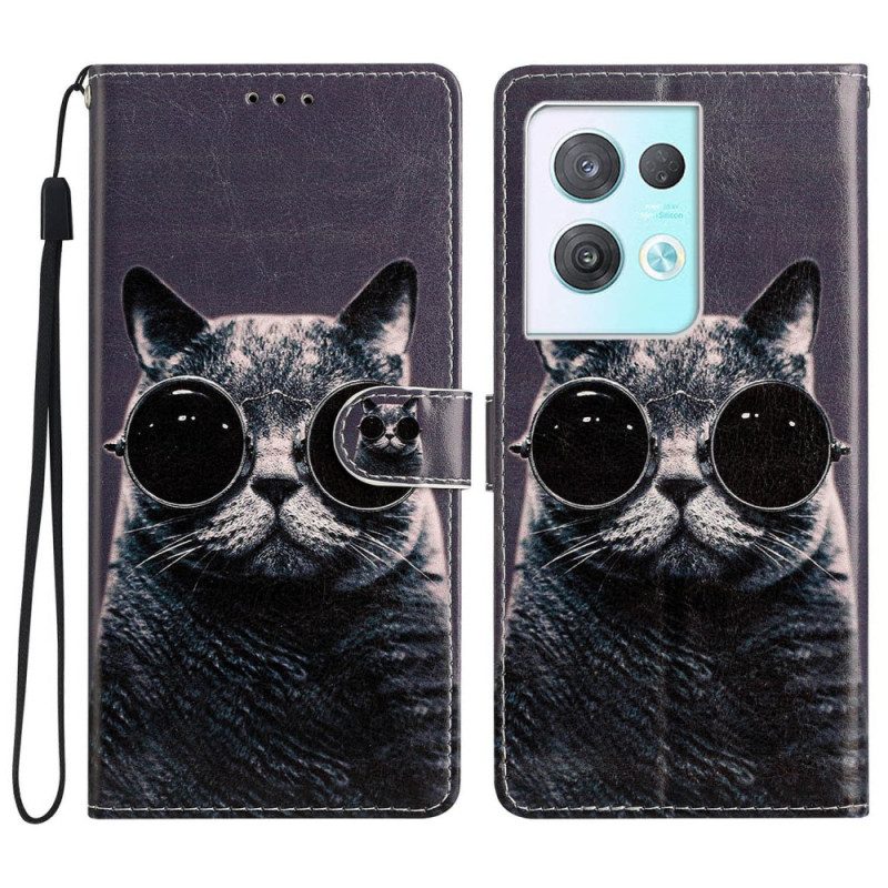 Folio-hoesje voor Oppo Reno 8 Pro Met Ketting Kat Strappy Bril