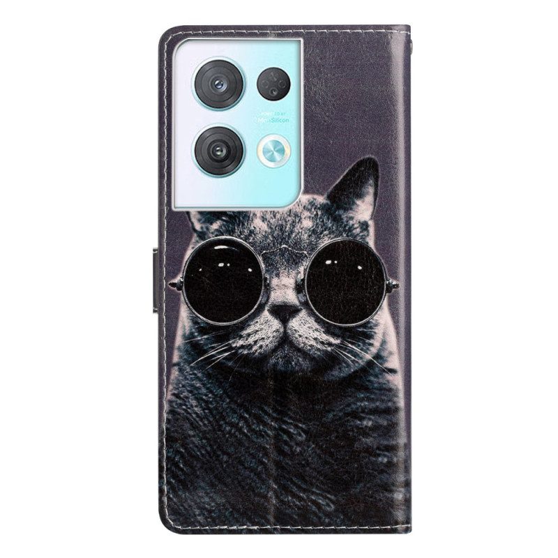 Folio-hoesje voor Oppo Reno 8 Pro Met Ketting Kat Strappy Bril