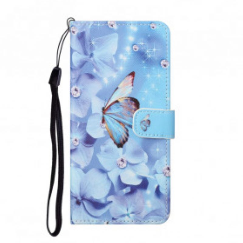 Folio-hoesje voor Samsung Galaxy A32 Met Ketting Strappy Diamanten Vlinders