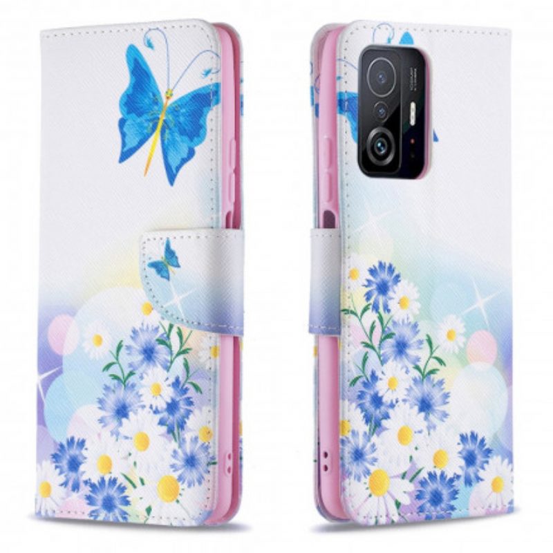 Folio-hoesje voor Xiaomi 11T / 11T Pro Geschilderde Vlinders En Bloemen