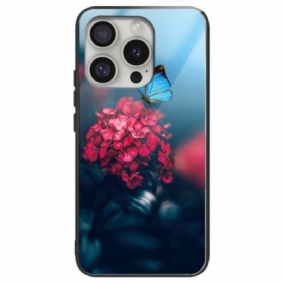 Case Hoesje iPhone 16 Pro Telefoonhoesje Bloemen En Vlinder Van Gehard Glas