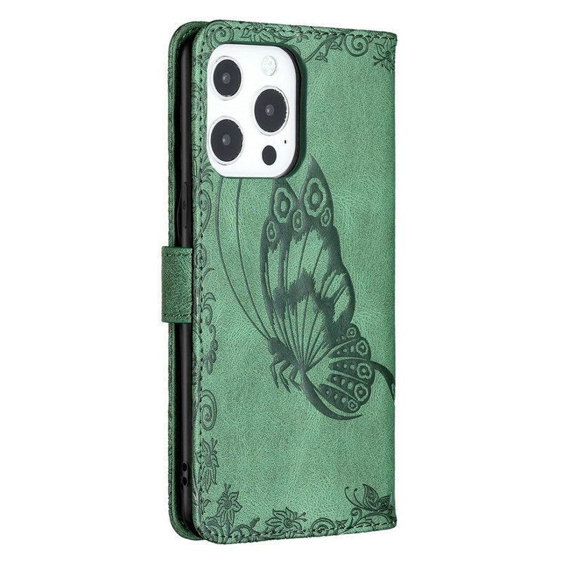 Folio-hoesje voor iPhone 13 Pro Met Ketting Barokke Strappy Vlinder