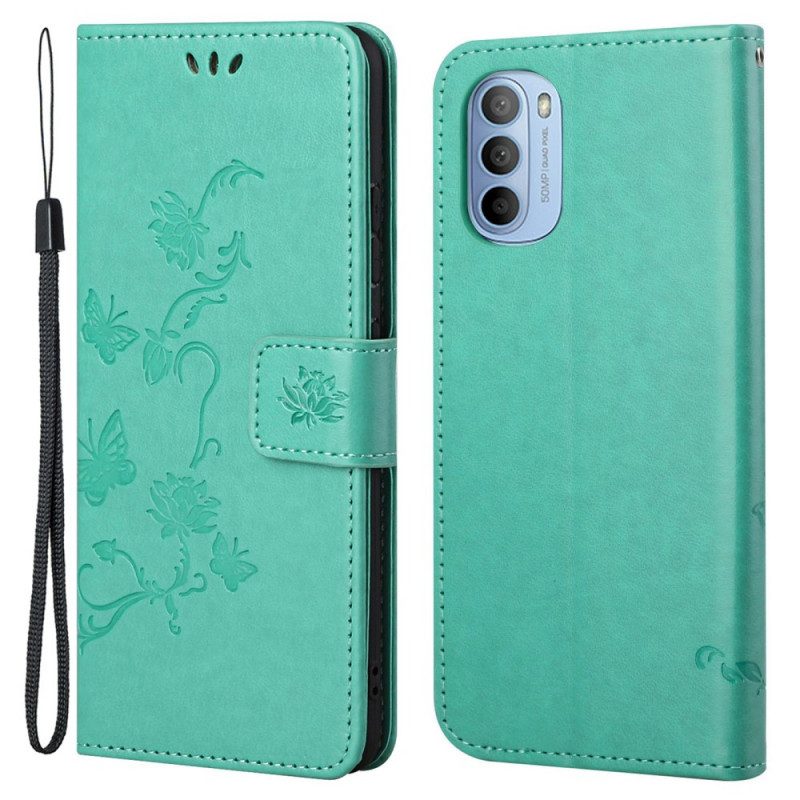 Leren Hoesje voor Moto G41 / G31 Met Ketting Vlinders En Bloemen Riem